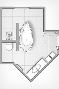 Die Badplaner haben das Bad mit seinem herausfordernden Grundriss optimal geplant.